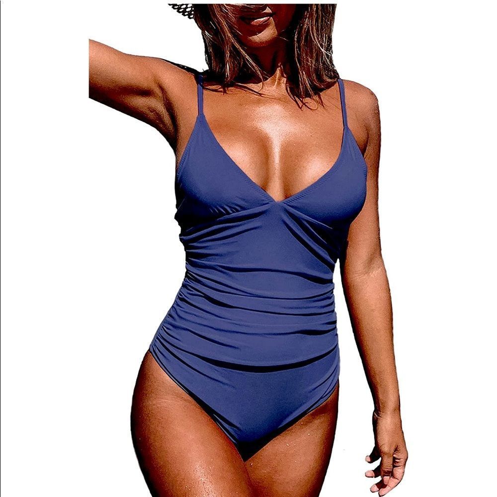 CUPSHE Women's One Piece Swimsuit Tummy Control V Neck Royal Blue